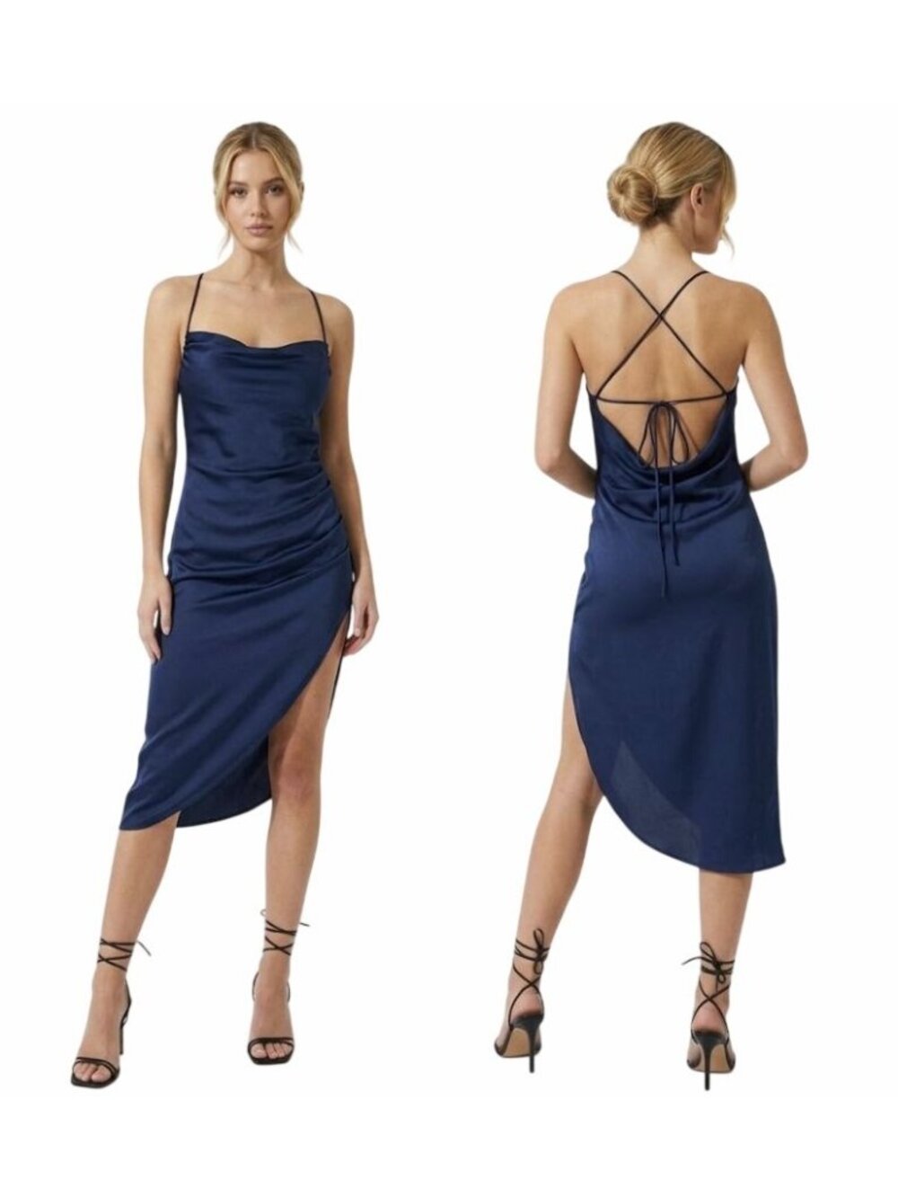 Aria Cove Navy Blue Satin Midi Dress Size 4 Backless Cross Strap High Slit Party